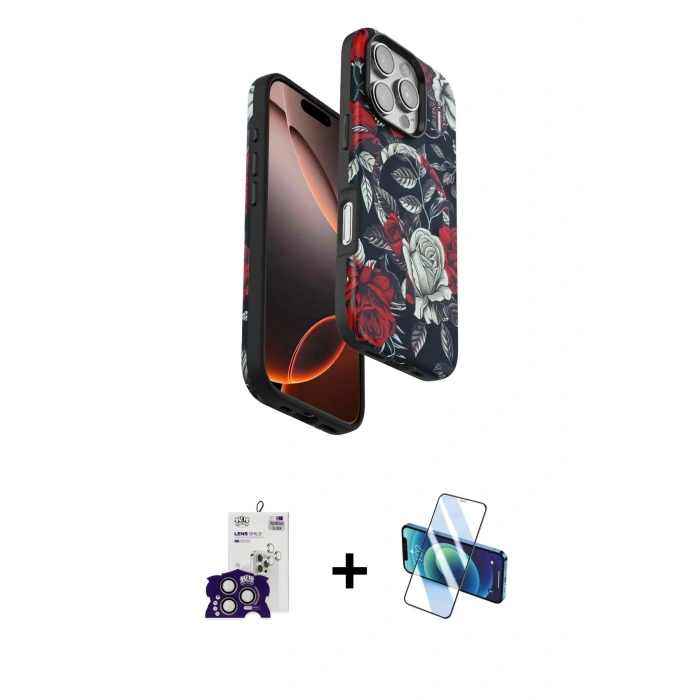 MARSİLYAN™- iPhone 16 Pro Max Kılıf Siluet Doku - Siyah 3D Antistatik Cam Ekran Koruyucu + Bilvis Titan Kamera Lens - TMGI