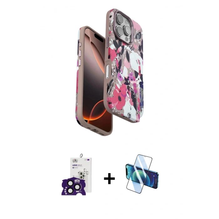 MARSİLYAN™- iPhone 16 Pro Max Kılıf Siluet Doku - Siyah 3D Antistatik Cam Ekran Koruyucu + Bilvis Titan Kamera Lens - SH