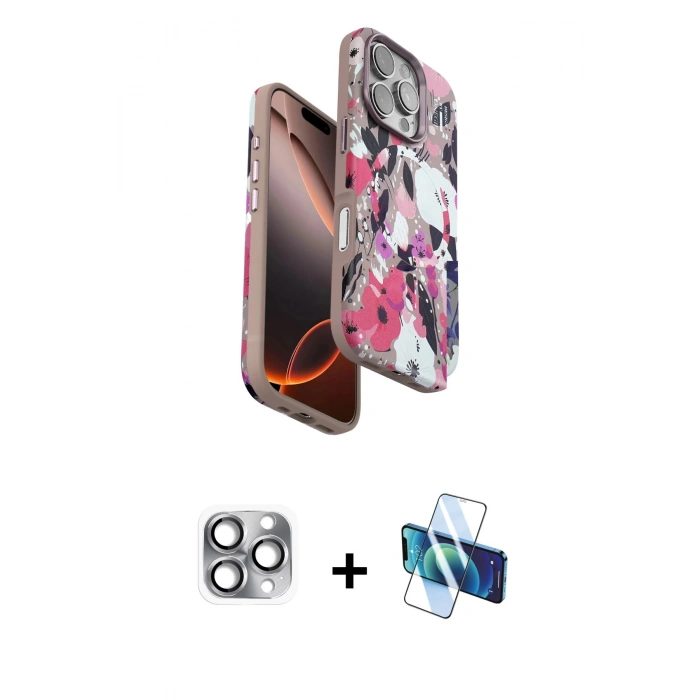 MARSİLYAN™- iPhone 16 Pro Max Kılıf Siluet Doku - Siyah 3D Antistatik Cam Ekran Koruyucu + Pers Alüminyum Kamera Lens - GI