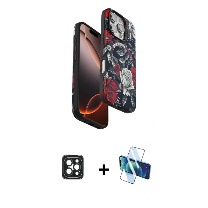 MARSİLYAN™- iPhone 16 Pro Max Kılıf Siluet Doku - Siyah 3D Antistatik Cam Ekran Koruyucu + PVD Metal Kamera Lens - SH