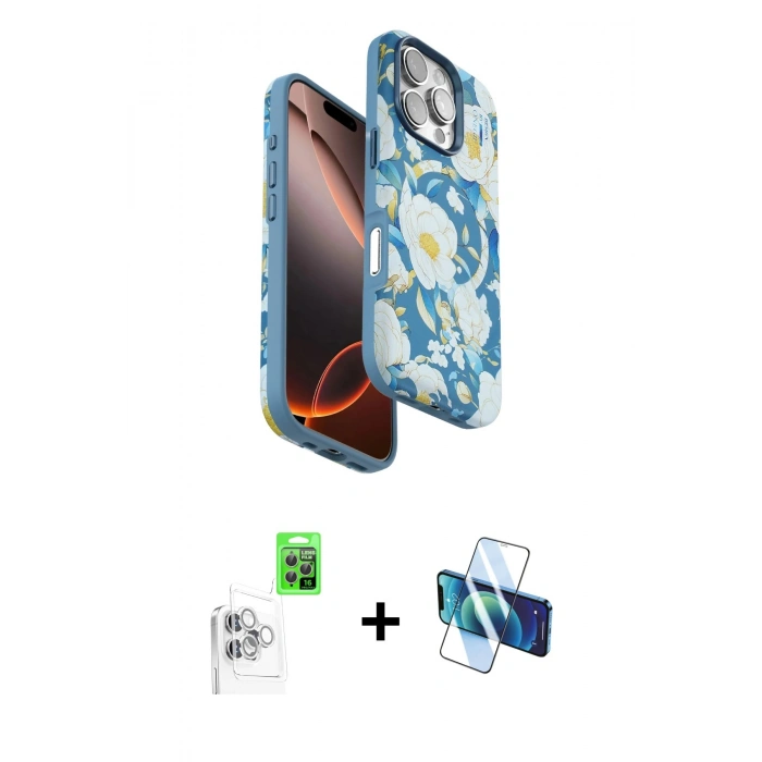 MARSİLYAN™- iPhone 16 Pro Max Kılıf Siluet Doku - Siyah 3D Antistatik Cam Ekran Koruyucu + Raze Metal Kamera Lens - BZ