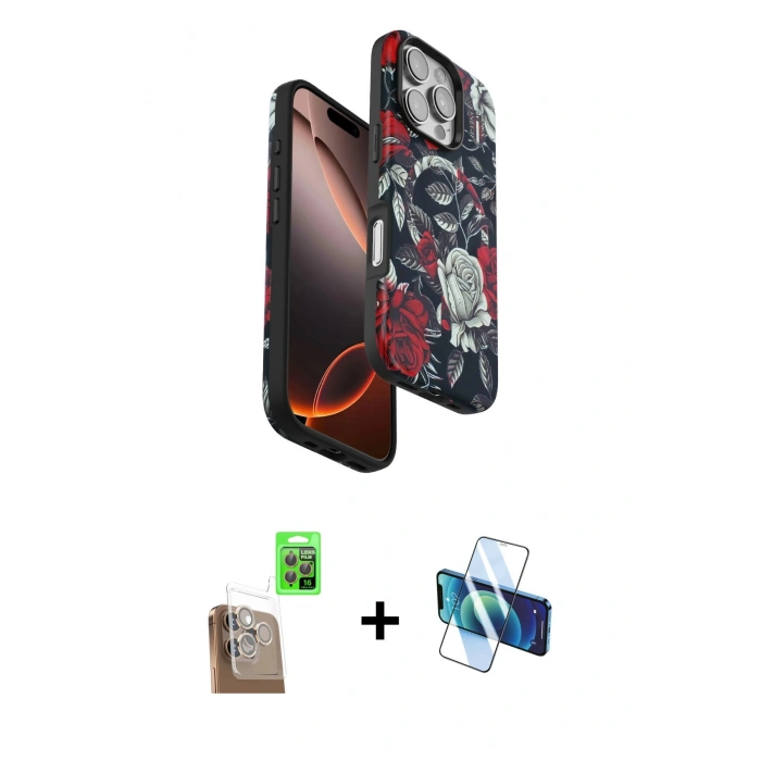 MARSİLYAN™- iPhone 16 Pro Max Kılıf Siluet Doku - Siyah 3D Antistatik Cam Ekran Koruyucu + Raze Metal Kamera Lens - CLTM