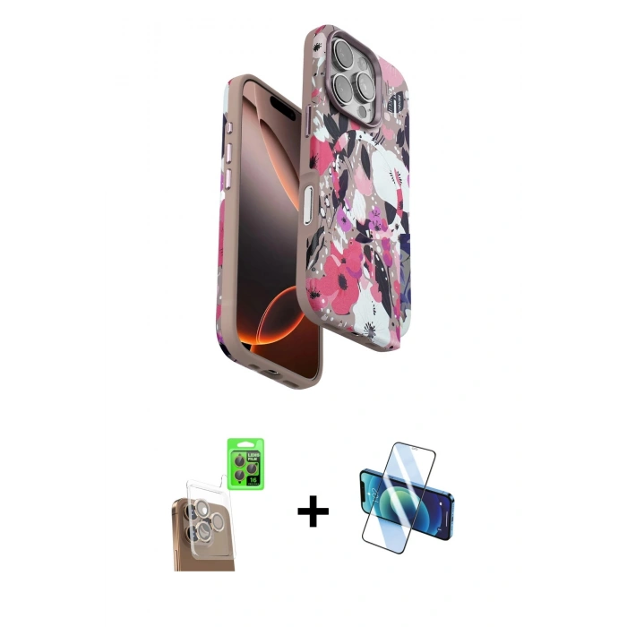 MARSİLYAN™- iPhone 16 Pro Max Kılıf Siluet Doku - Siyah 3D Antistatik Cam Ekran Koruyucu + Raze Metal Kamera Lens - CLTM