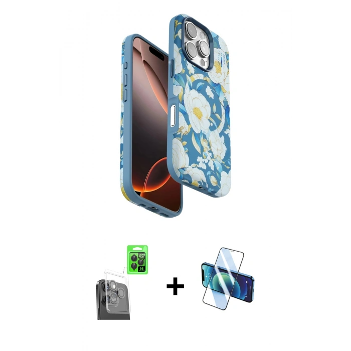 MARSİLYAN™- iPhone 16 Pro Max Kılıf Siluet Doku - Siyah 3D Antistatik Cam Ekran Koruyucu + Raze Metal Kamera Lens - SH