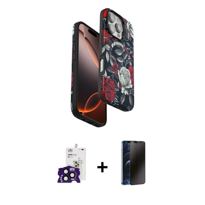 MARSİLYAN™- iPhone 16 Pro Max Kılıf Siluet Doku - Siyah 3D Antistatik Hayalet Cam Ekran Koruyucu + Bilvis Titan Kamera Lens - SH