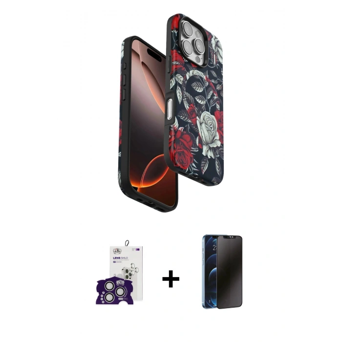 MARSİLYAN™- iPhone 16 Pro Max Kılıf Siluet Doku - Siyah 3D Antistatik Hayalet Cam Ekran Koruyucu + Bilvis Titan Kamera Lens - GS