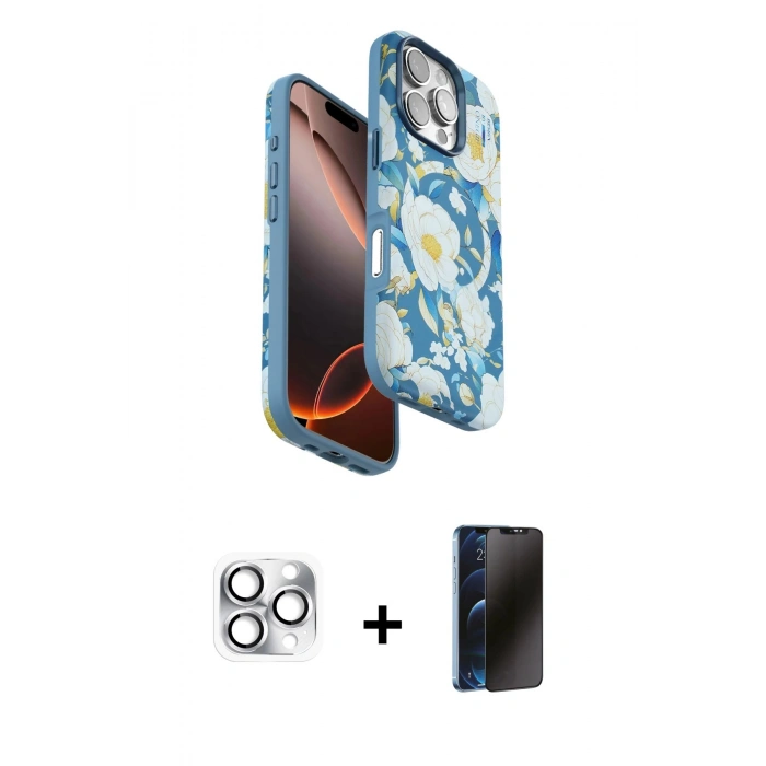 MARSİLYAN™- iPhone 16 Pro Max Kılıf Siluet Doku - Siyah 3D Antistatik Hayalet Cam Ekran Koruyucu + Pers Alüminyum Kamera Lens - GS