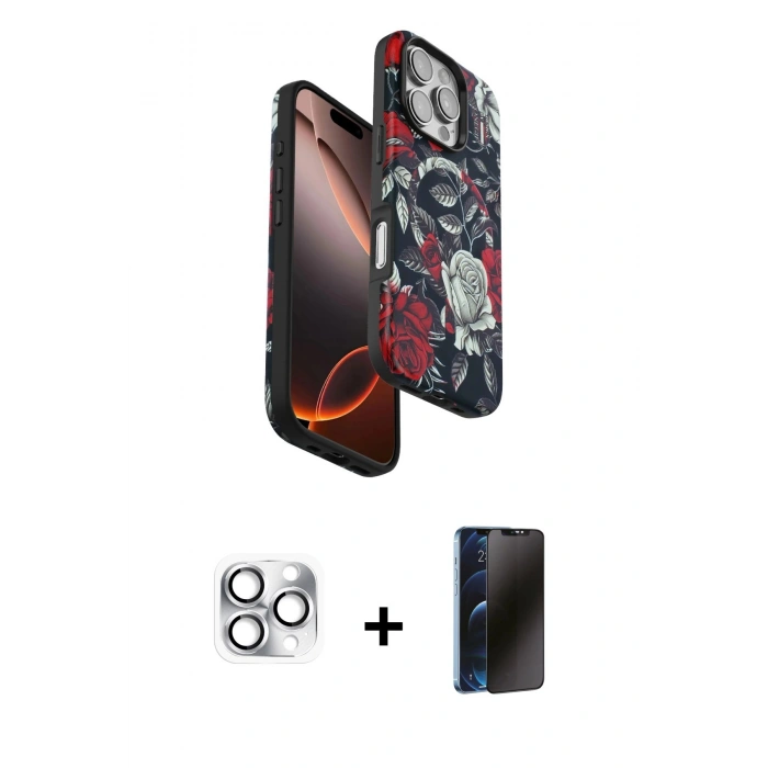 MARSİLYAN™- iPhone 16 Pro Max Kılıf Siluet Doku - Siyah 3D Antistatik Hayalet Cam Ekran Koruyucu + Pers Alüminyum Kamera Lens - GS
