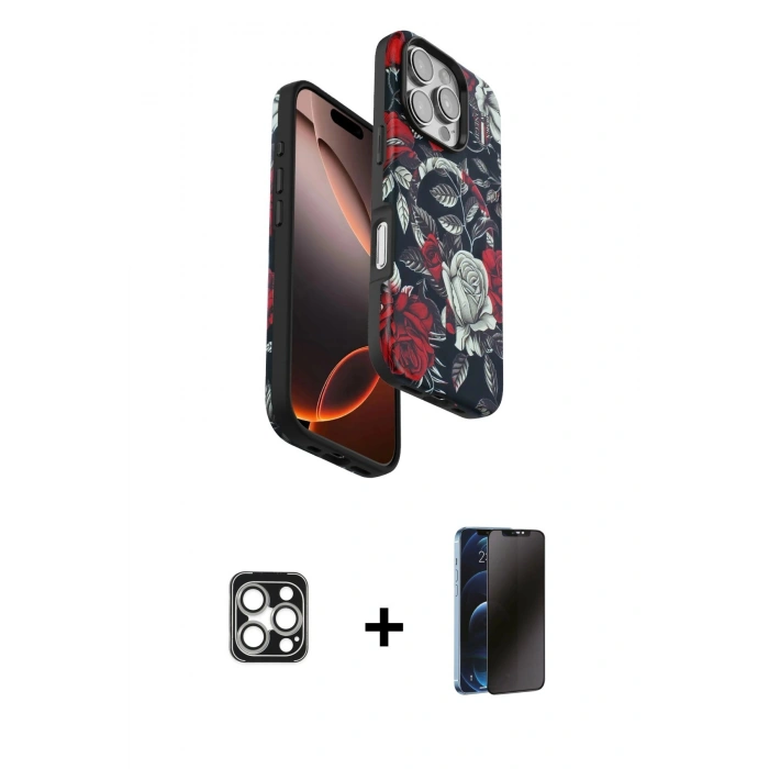 MARSİLYAN™- iPhone 16 Pro Max Kılıf Siluet Doku - Siyah 3D Antistatik Hayalet Cam Ekran Koruyucu + PVD Metal Kamera Lens - GS