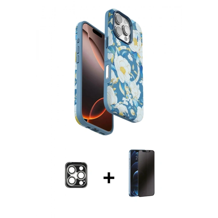 MARSİLYAN™- iPhone 16 Pro Max Kılıf Siluet Doku - Siyah 3D Antistatik Hayalet Cam Ekran Koruyucu + PVD Metal Kamera Lens - GS