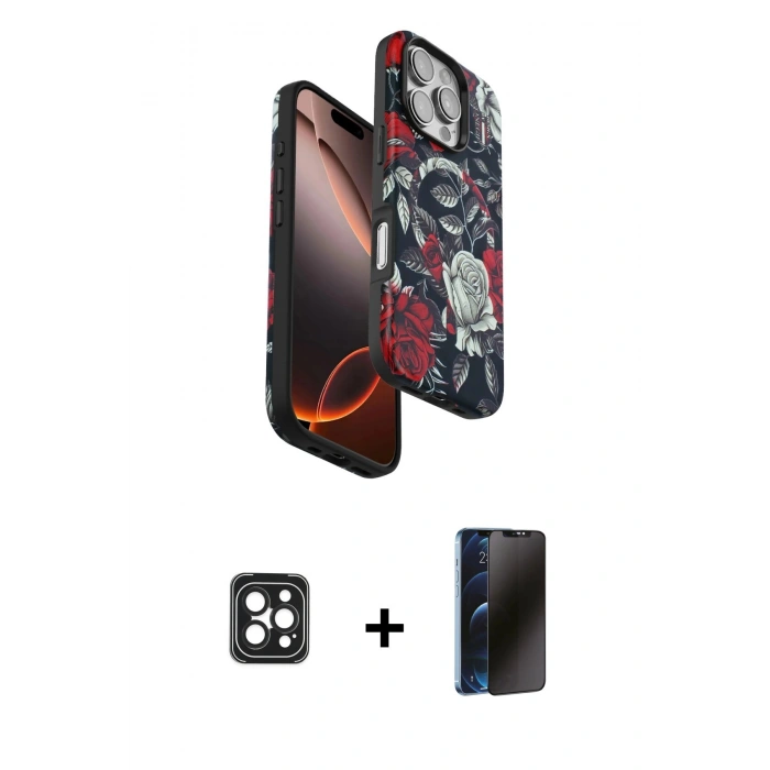MARSİLYAN™- iPhone 16 Pro Max Kılıf Siluet Doku - Siyah 3D Antistatik Hayalet Cam Ekran Koruyucu + PVD Metal Kamera Lens - SH