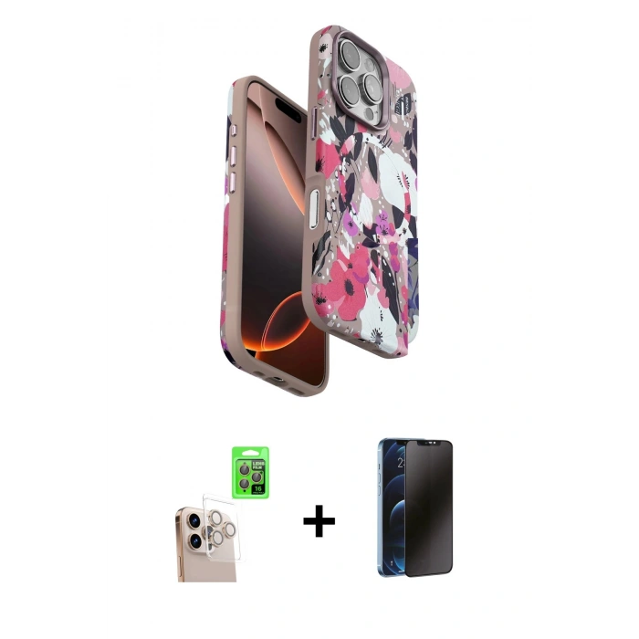 MARSİLYAN™- iPhone 16 Pro Max Kılıf Siluet Doku - Siyah 3D Antistatik Hayalet Cam Ekran Koruyucu + Raze Metal Kamera Lens - NLGY
