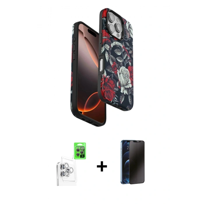 MARSİLYAN™- iPhone 16 Pro Max Kılıf Siluet Doku - Siyah 3D Antistatik Hayalet Cam Ekran Koruyucu + Raze Metal Kamera Lens - BZ