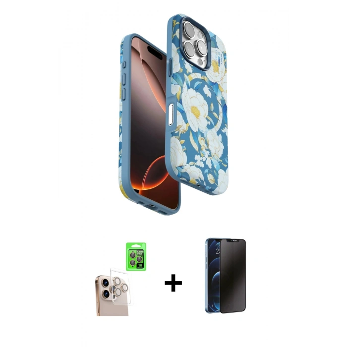 MARSİLYAN™- iPhone 16 Pro Max Kılıf Siluet Doku - Siyah 3D Antistatik Hayalet Cam Ekran Koruyucu + Raze Metal Kamera Lens - NLGY