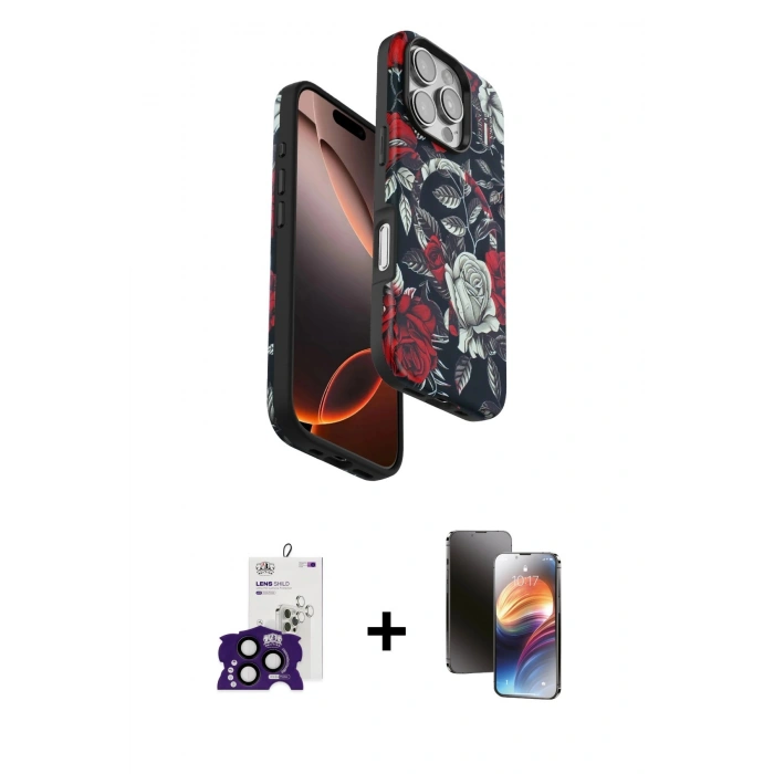 MARSİLYAN™- iPhone 16 Pro Max Kılıf Siluet Doku - Siyah 3D Antistatik Mat Seramik Nano Ekran Koruyucu + Bilvis Titan Kamera Lens - SH