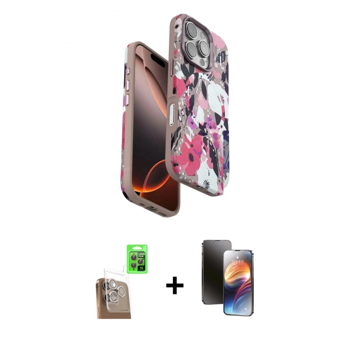 MARSİLYAN™- iPhone 16 Pro Max Kılıf Siluet Doku - Siyah 3D Antistatik Mat Seramik Nano Ekran Koruyucu + Çöl Titanyum Raze Metal Kamera Lens