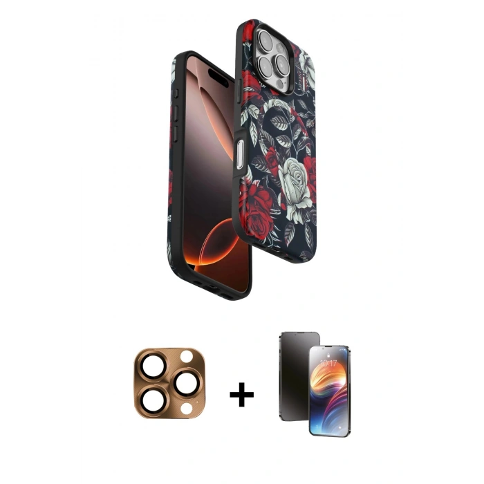 MARSİLYAN™- iPhone 16 Pro Max Kılıf Siluet Doku - Siyah 3D Antistatik Mat Seramik Nano Ekran Koruyucu + Pers Alüminyum Kamera Lens - CLTM