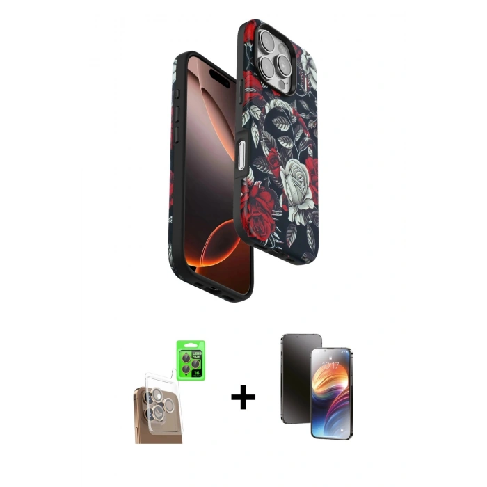 MARSİLYAN™- iPhone 16 Pro Max Kılıf Siluet Doku - Siyah 3D Antistatik Mat Seramik Nano Ekran Koruyucu + Çöl Titanyum Raze Metal Kamera Lens