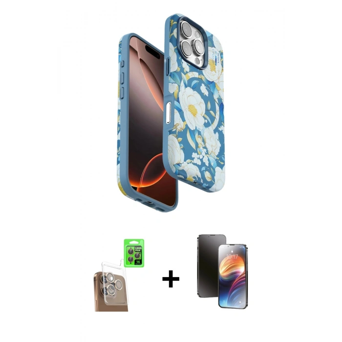 MARSİLYAN™- iPhone 16 Pro Max Kılıf Siluet Doku - Siyah 3D Antistatik Mat Seramik Nano Ekran Koruyucu + Çöl Titanyum Raze Metal Kamera Lens