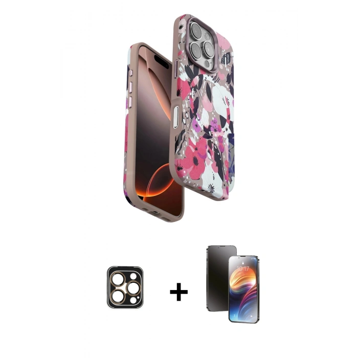 MARSİLYAN™- iPhone 16 Pro Max Kılıf Siluet Doku - Siyah 3D Antistatik Mat Seramik Nano Ekran Koruyucu + Gold PVD Metal Kamera Lens