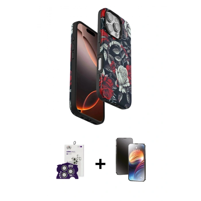 MARSİLYAN™- iPhone 16 Pro Max Kılıf Siluet Doku - Siyah 3D Antistatik Mat Seramik Nano Ekran Koruyucu + Bilvis Titan Kamera Lens - GS