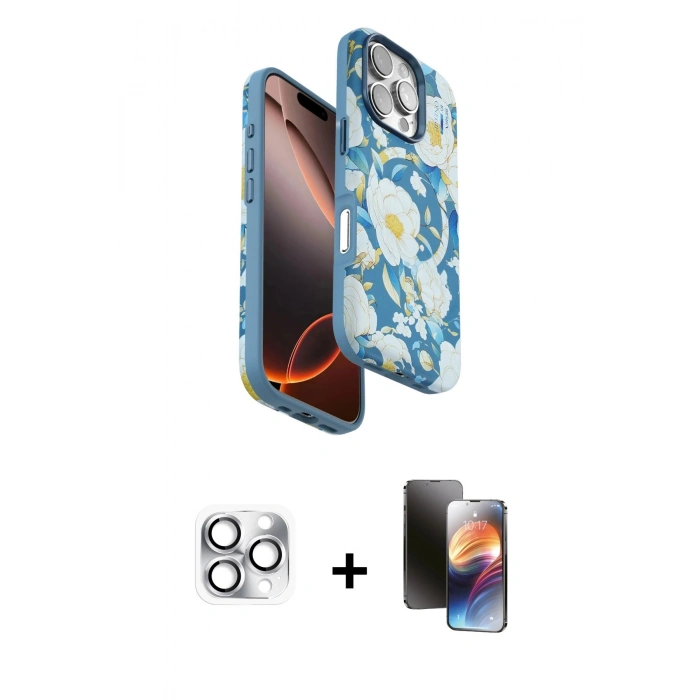 MARSİLYAN™- iPhone 16 Pro Max Kılıf Siluet Doku - Siyah 3D Antistatik Mat Seramik Nano Ekran Koruyucu + Pers Alüminyum Kamera Lens - GS