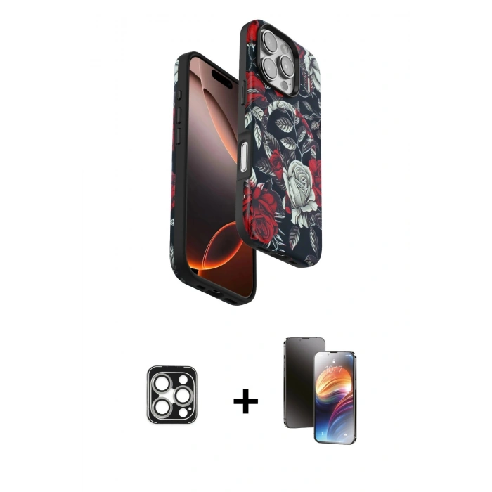 MARSİLYAN™- iPhone 16 Pro Max Kılıf Siluet Doku - Siyah 3D Antistatik Mat Seramik Nano Ekran Koruyucu + PVD Metal Kamera Lens - GS