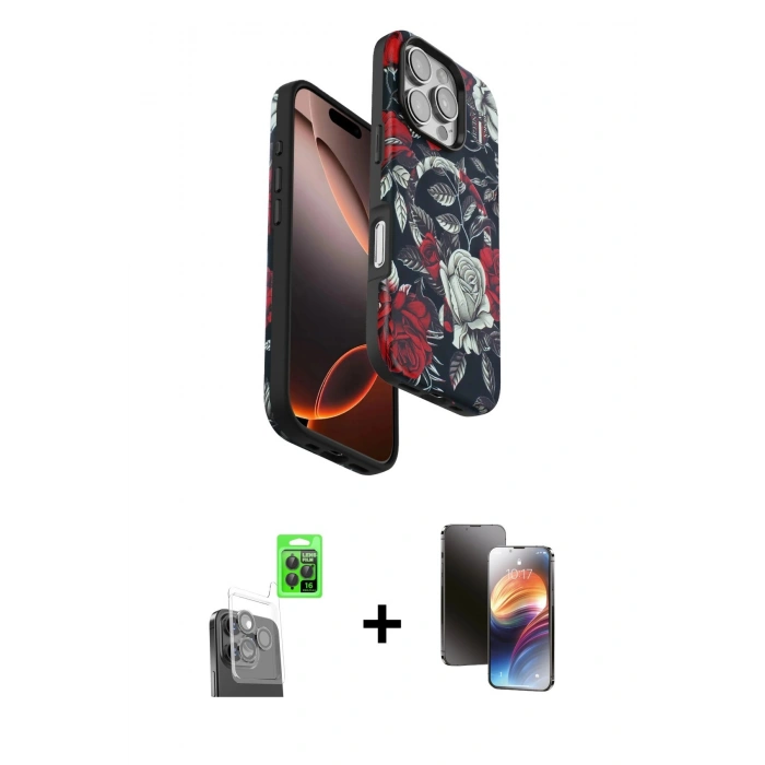 MARSİLYAN™- iPhone 16 Pro Max Kılıf Siluet Doku - Siyah 3D Antistatik Mat Seramik Nano Ekran Koruyucu + Siyah Raze Metal Kamera Lens