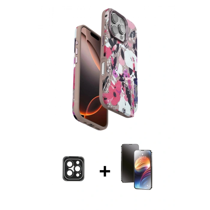 MARSİLYAN™- iPhone 16 Pro Max Kılıf Siluet Doku - Siyah 3D Antistatik Mat Seramik Nano Ekran Koruyucu + PVD Metal Kamera Lens - SH