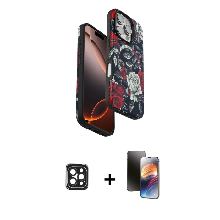 MARSİLYAN™- iPhone 16 Pro Max Kılıf Siluet Doku - Siyah 3D Antistatik Mat Seramik Nano Ekran Koruyucu + PVD Metal Kamera Lens - SH