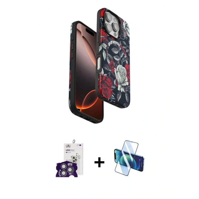 MARSİLYAN™- iPhone 16 Pro Max Kılıf Siluet Doku - Siyah 3D Antistatik Seramik Nano Ekran Koruyucu + Bilvis Titan Kamera Lens - GS