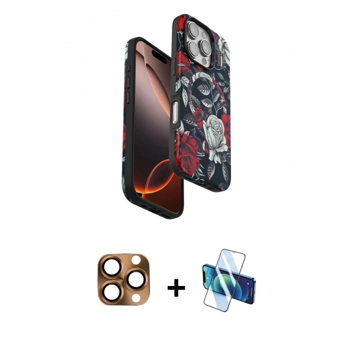 MARSİLYAN™- iPhone 16 Pro Max Kılıf Siluet Doku - Siyah 3D Antistatik Seramik Nano Ekran Koruyucu + Pers Alüminyum Kamera Lens - CLTM