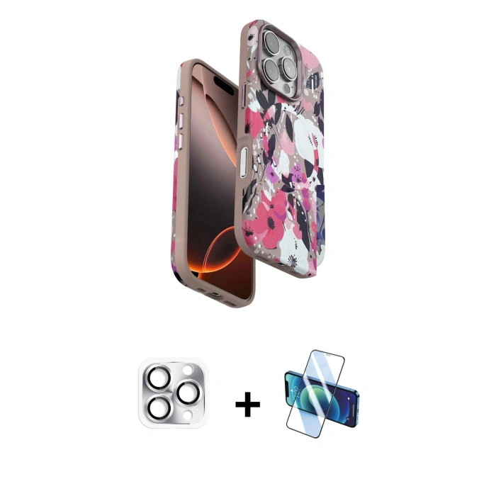 MARSİLYAN™- iPhone 16 Pro Max Kılıf Siluet Doku - Siyah 3D Antistatik Seramik Nano Ekran Koruyucu + Pers Alüminyum Kamera Lens - GS