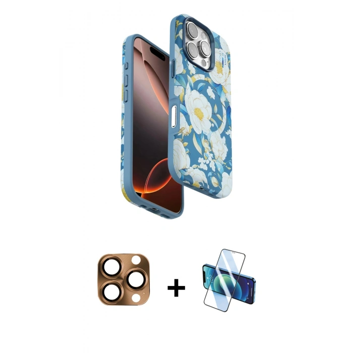 MARSİLYAN™- iPhone 16 Pro Max Kılıf Siluet Doku - Siyah 3D Antistatik Seramik Nano Ekran Koruyucu + Pers Alüminyum Kamera Lens - CLTM