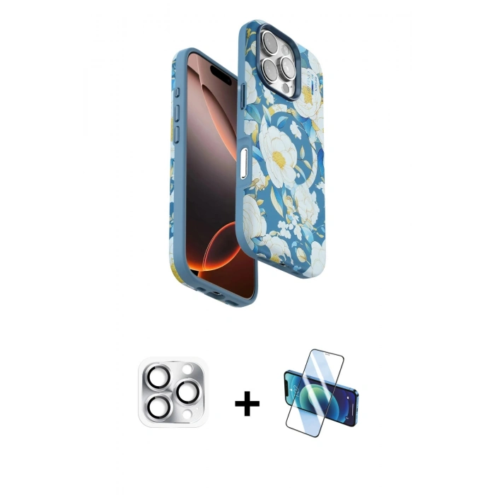 MARSİLYAN™- iPhone 16 Pro Max Kılıf Siluet Doku - Siyah 3D Antistatik Seramik Nano Ekran Koruyucu + Pers Alüminyum Kamera Lens - GS