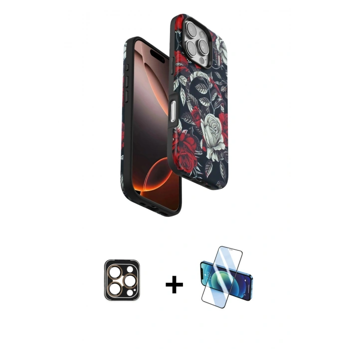 MARSİLYAN™- iPhone 16 Pro Max Kılıf Siluet Doku - Siyah 3D Antistatik Seramik Nano Ekran Koruyucu + PVD Metal Kamera Lens - GD