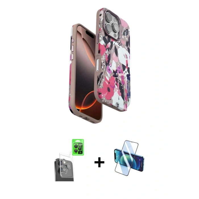 MARSİLYAN™- iPhone 16 Pro Max Kılıf Siluet Doku - Siyah 3D Antistatik Seramik Nano Ekran Koruyucu + Raze Metal Kamera Lens - SH