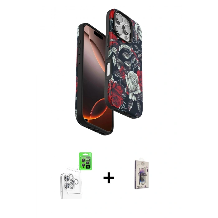 MARSİLYAN™- iPhone 16 Pro Max Kılıf Siluet Doku - Siyah Bilvis 3D Cam Ekran Koruyucu + Raze Metal Kamera Lens - BZ