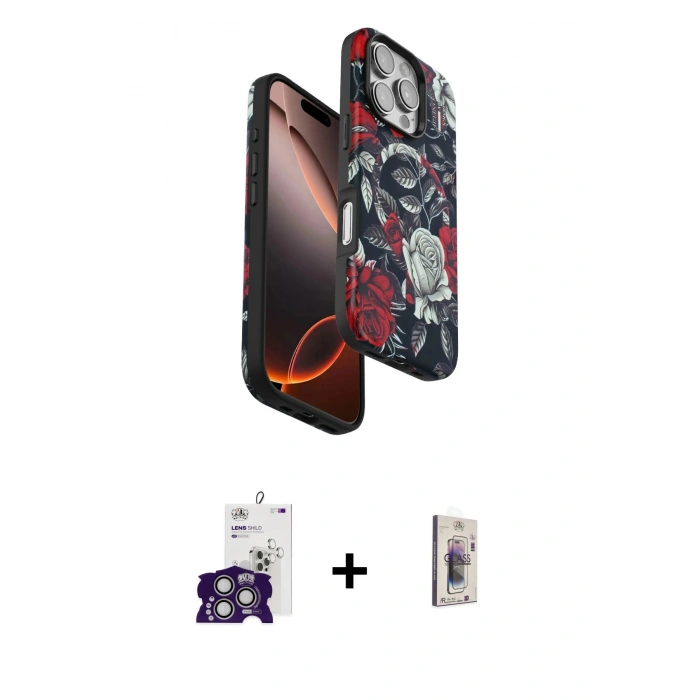 MARSİLYAN™- iPhone 16 Pro Max Kılıf Siluet Doku - Siyah Bilvis 3D Cam Ekran Koruyucu + Gümüş Bilvis Titan Kamera Lens