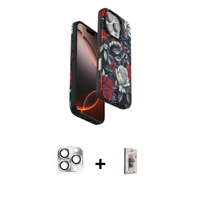 MARSİLYAN™- iPhone 16 Pro Max Kılıf Siluet Doku - Siyah Bilvis 3D Cam Ekran Koruyucu + Pers Alüminyum Kamera Lens - GS