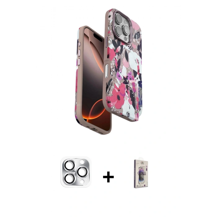 MARSİLYAN™- iPhone 16 Pro Max Kılıf Siluet Doku - Siyah Bilvis 3D Cam Ekran Koruyucu + Pers Alüminyum Kamera Lens - GS
