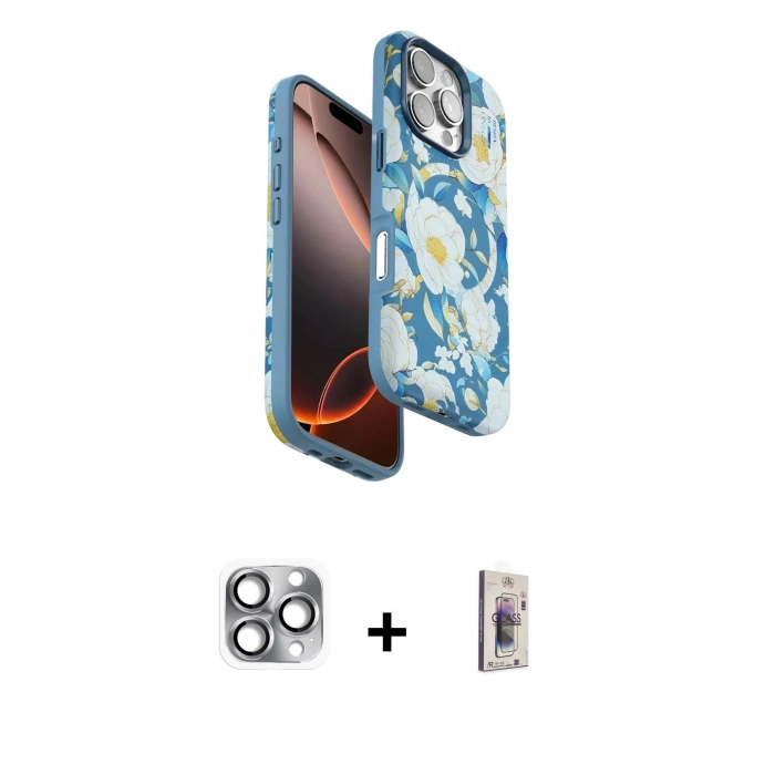 MARSİLYAN™- iPhone 16 Pro Max Kılıf Siluet Doku - Siyah Bilvis 3D Cam Ekran Koruyucu + Pers Alüminyum Kamera Lens - GI