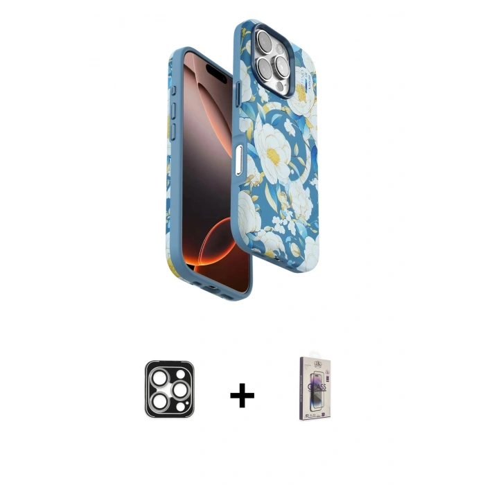 MARSİLYAN™- iPhone 16 Pro Max Kılıf Siluet Doku - Siyah Bilvis 3D Cam Ekran Koruyucu + PVD Metal Kamera Lens - GS