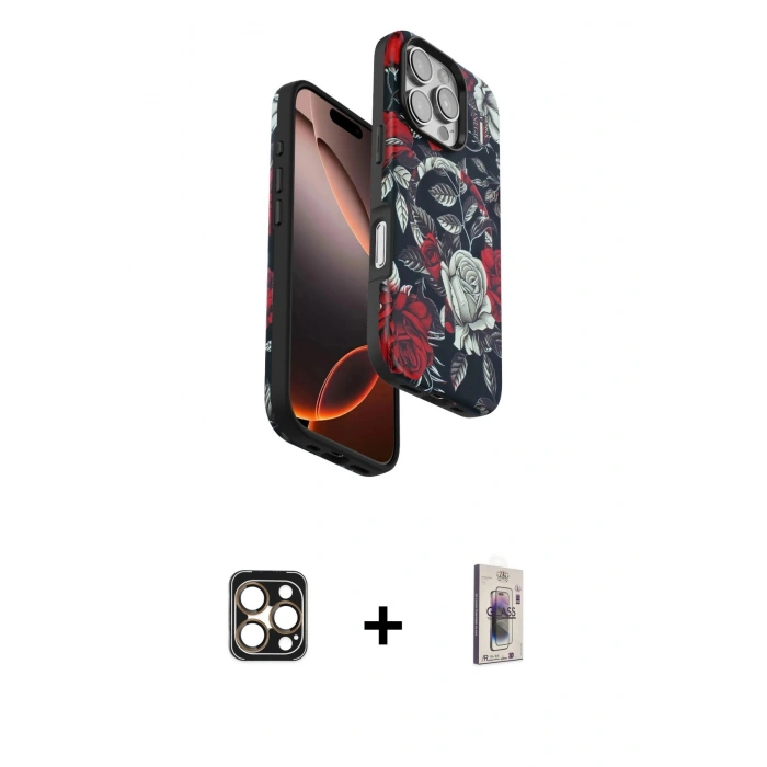 MARSİLYAN™- iPhone 16 Pro Max Kılıf Siluet Doku - Siyah Bilvis 3D Cam Ekran Koruyucu + PVD Metal Kamera Lens - GD