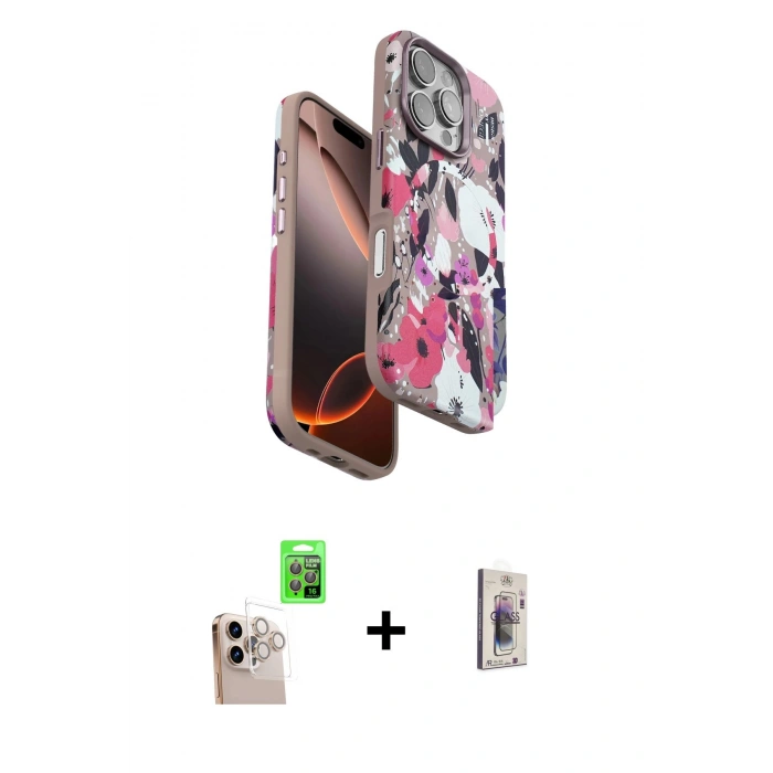 MARSİLYAN™- iPhone 16 Pro Max Kılıf Siluet Doku - Siyah Bilvis 3D Cam Ekran Koruyucu + Raze Metal Kamera Lens - NLGY
