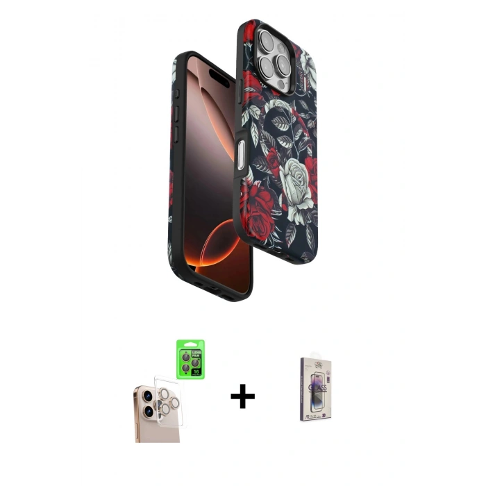 MARSİLYAN™- iPhone 16 Pro Max Kılıf Siluet Doku - Siyah Bilvis 3D Cam Ekran Koruyucu + Raze Metal Kamera Lens - NLGY