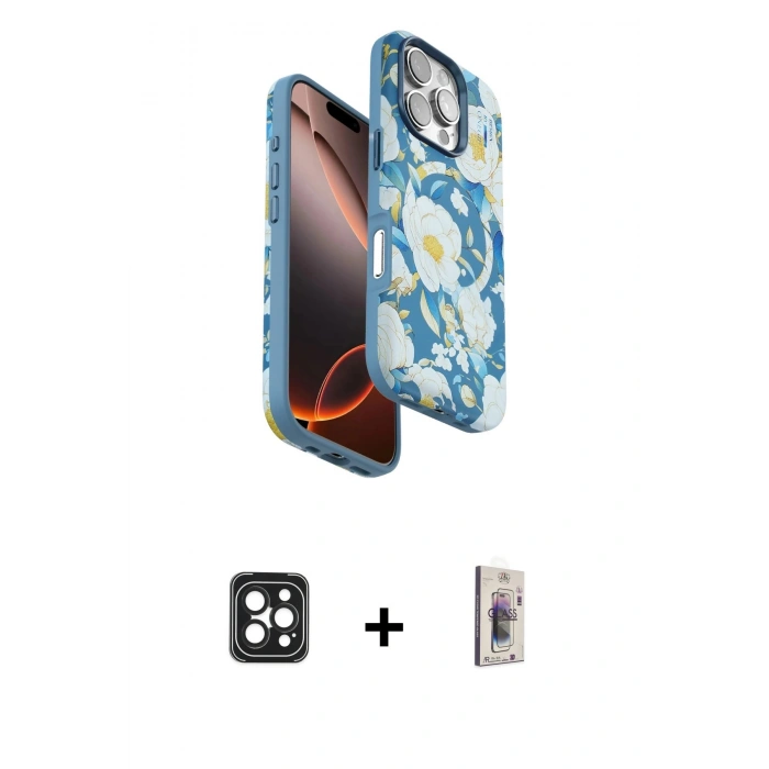 MARSİLYAN™- iPhone 16 Pro Max Kılıf Siluet Doku - Siyah Bilvis 3D Cam Ekran Koruyucu + PVD Metal Kamera Lens - SH