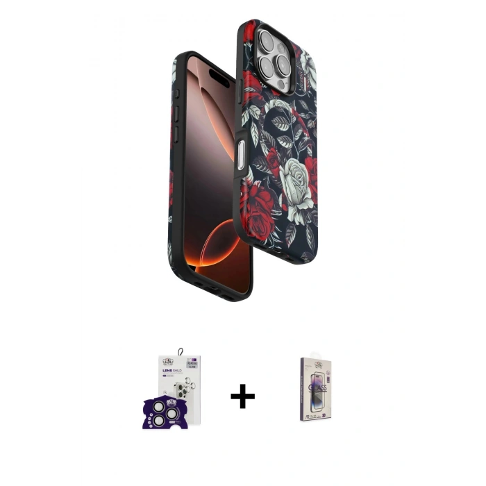 MARSİLYAN™- iPhone 16 Pro Max Kılıf Siluet Doku - Siyah Bilvis 3D Cam Ekran Koruyucu + Titanyum Gri Bilvis Titan Kamera Lens