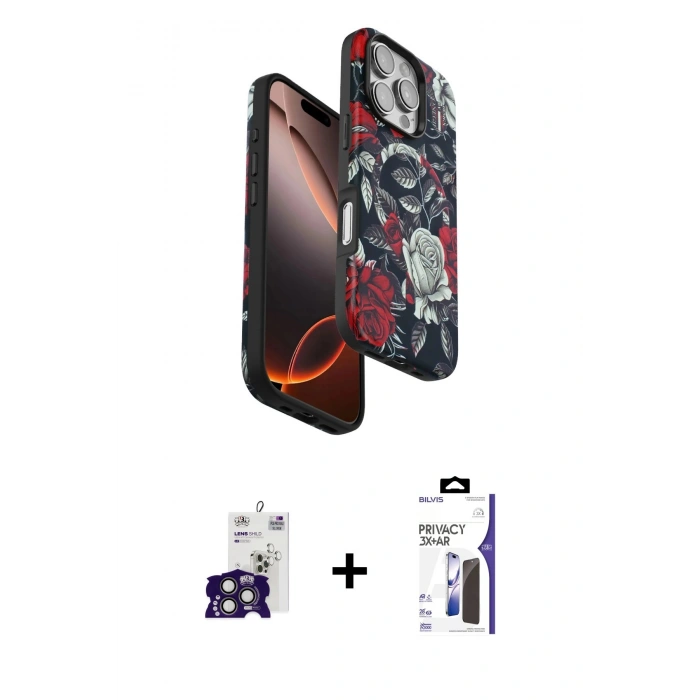 MARSİLYAN™- iPhone 16 Pro Max Kılıf Siluet Doku - Siyah Bilvis 3X AR Hayalet Cam Ekran Koruyucu + Bilvis Titan Kamera Lens - TMGI