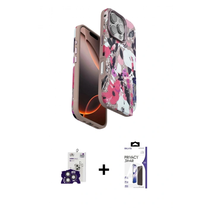 MARSİLYAN™- iPhone 16 Pro Max Kılıf Siluet Doku - Siyah Bilvis 3X AR Hayalet Cam Ekran Koruyucu + Bilvis Titan Kamera Lens - TMGI